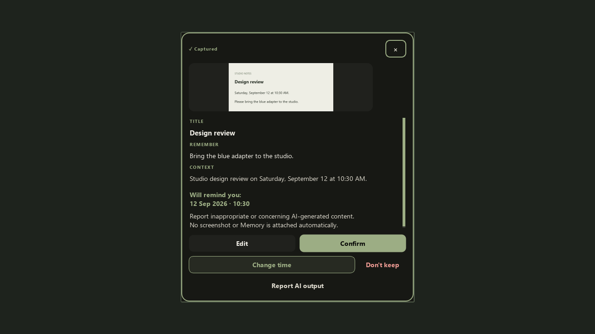 Muninn result card with an editable title, Remember text, context and reminder time