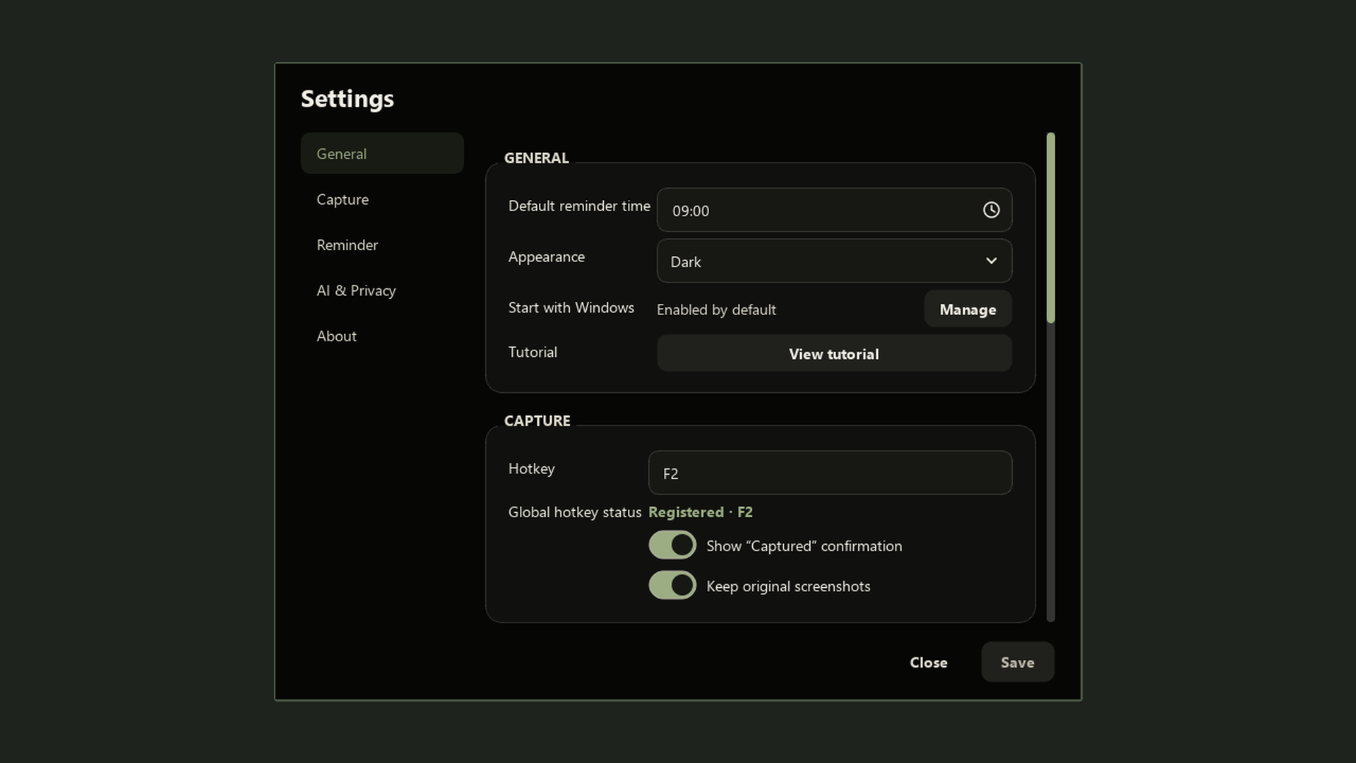 Muninn settings for capture, reminders, appearance and local AI